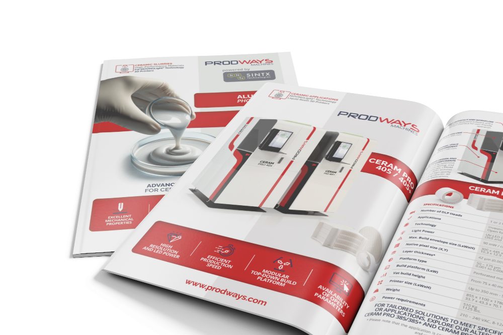 CERAM PRO 405 and CERAM PRO 405+ datasheet - prodways machines - ceramic 3D printer Prodways Ceram Pro 405 and 405+ 3D printers for manufacturing high-precision ceramic parts with Laser Sintering technology.
