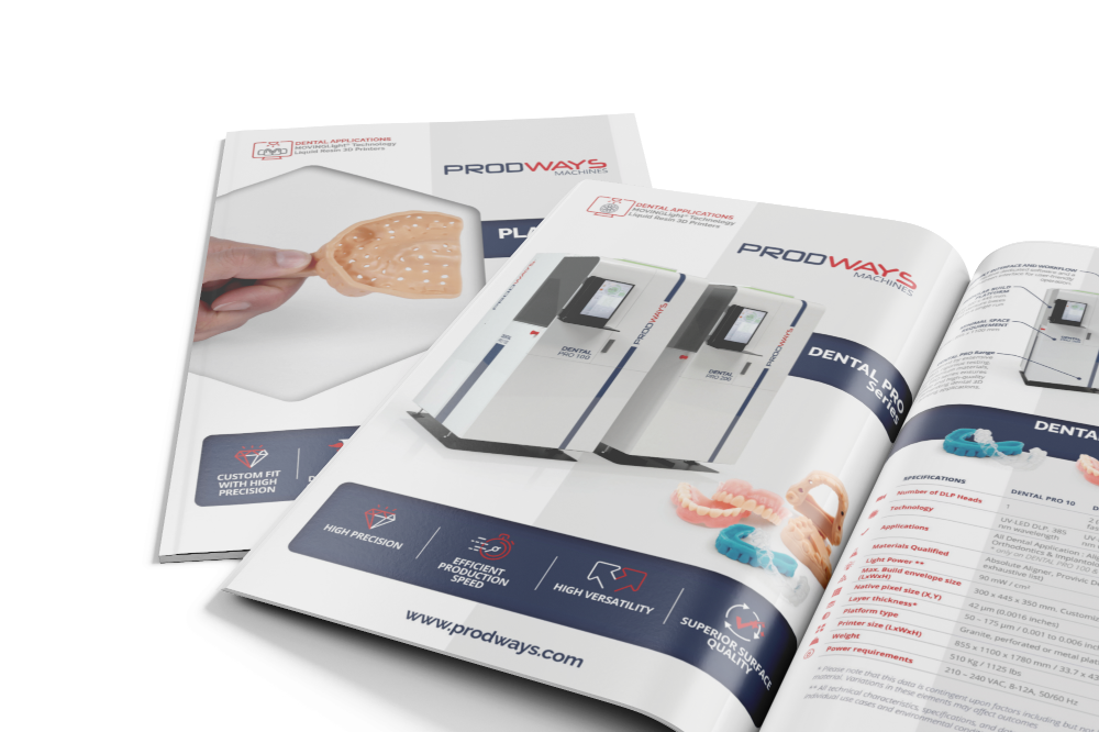 DENTAL PRO 10 datasheet - prodways machines - dental 3D printer - plascture dental tray Prodways Dental Pro 10 3D printer for precise dental tray production using Plascture Dental Tray material, designed for dental applications.